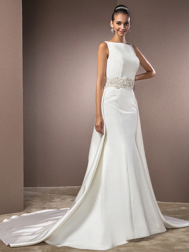Wedding Dresses Bateau Neck Cathedral Train Satin Regular Straps Vintage Inspired