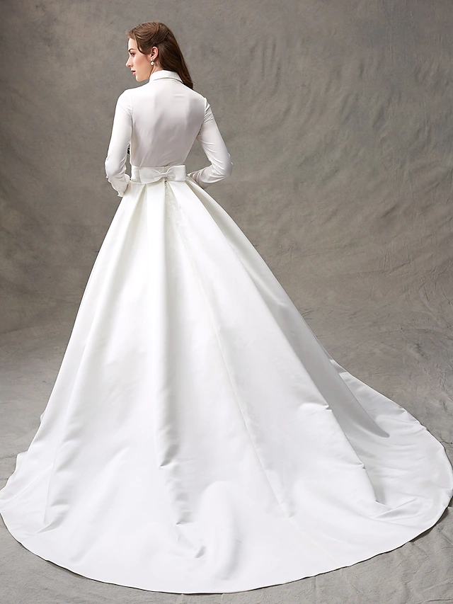 Ball Gown Wedding Dresses High Neck Satin Long Sleeve Glamorous Sparkle & Shine with Bowknot Sash Ribbon