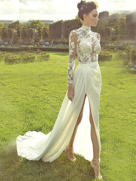 A-Line Wedding Dresses High Neck Court Train Lace Polyester Long Sleeve Country Illusion Sleeve with Lace Insert Appliques