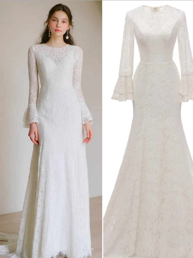 A-Line Wedding Dresses Jewel Neck Lace Long Sleeve Romantic with Appliques Beautiful