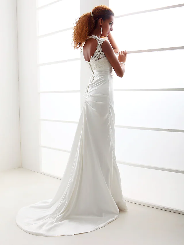 Wedding Dresses Scoop Neck Charmeuse Beaded Lace Cap Sleeve Simple Backless with