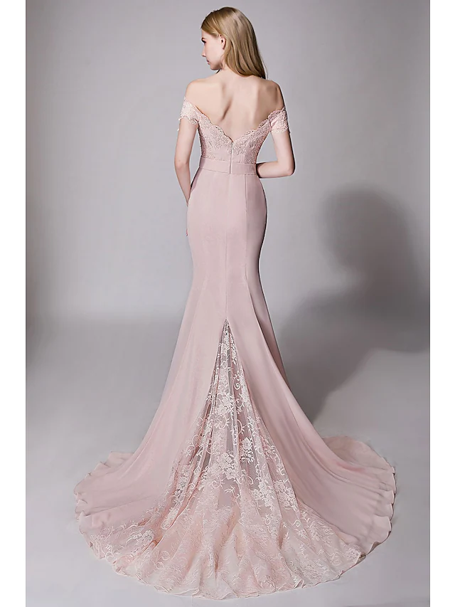 Sweetheart Neckline Court Train Chiffon Lace Bridesmaid Dress with Lace Sash Ribbon Off Shoulder