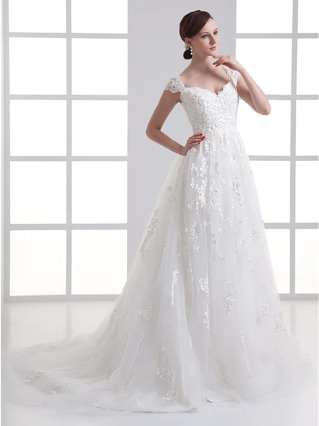 A-Line Wedding Dresses Sweetheart Neckline Court Train Lace Satin Tulle Cap Sleeve with Beading