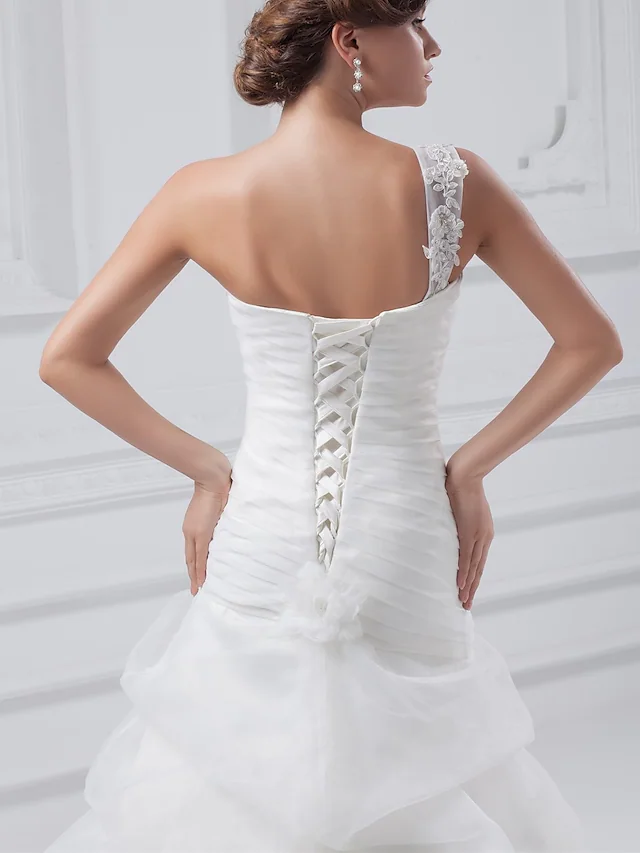 A-Line Wedding Dresses One Shoulder Court Train Organza Satin Spaghetti Strap with Pick Up Skirt Ruched