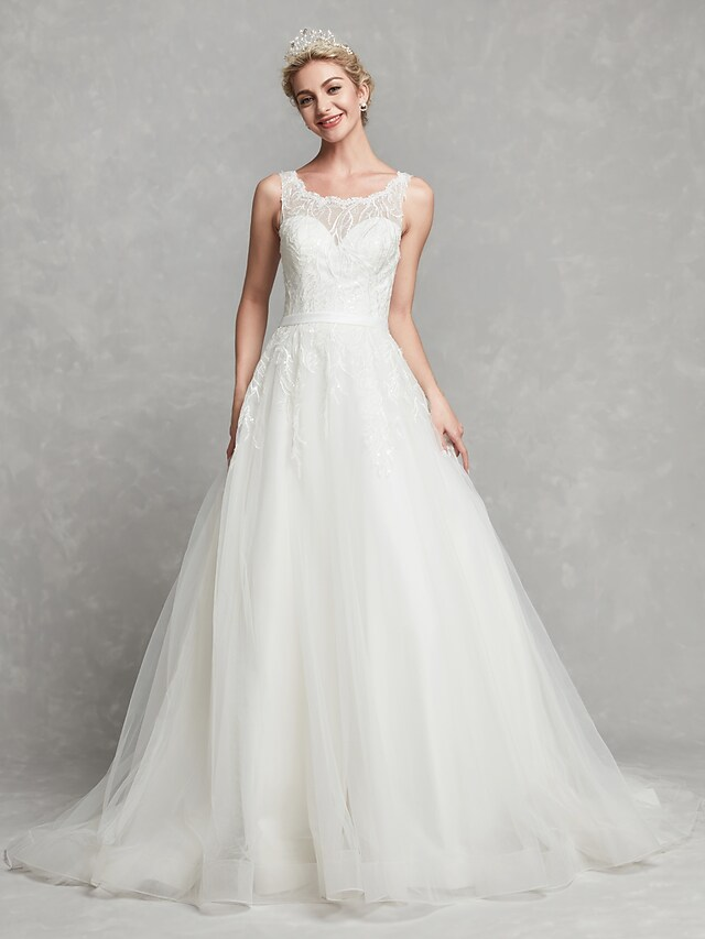 A-Line Wedding Dresses Scoop Neck Chapel Train Lace Tulle Regular Straps Formal Illusion Detail with Lace Sash