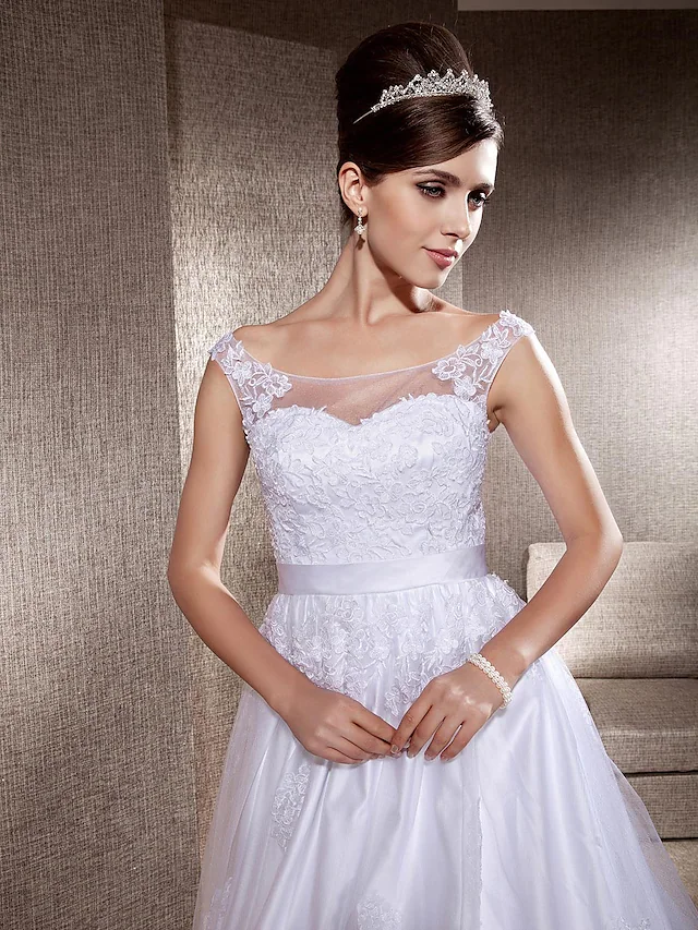 Ball Gown A-Line Wedding Dresses Scoop Neck Lace Tulle Sleeveless Beautiful