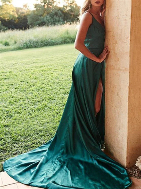 A-Line/Princess Woven Satin V-Neck Sweep/Brush Train Long Prom Dresses Sexy Evening Dresses
