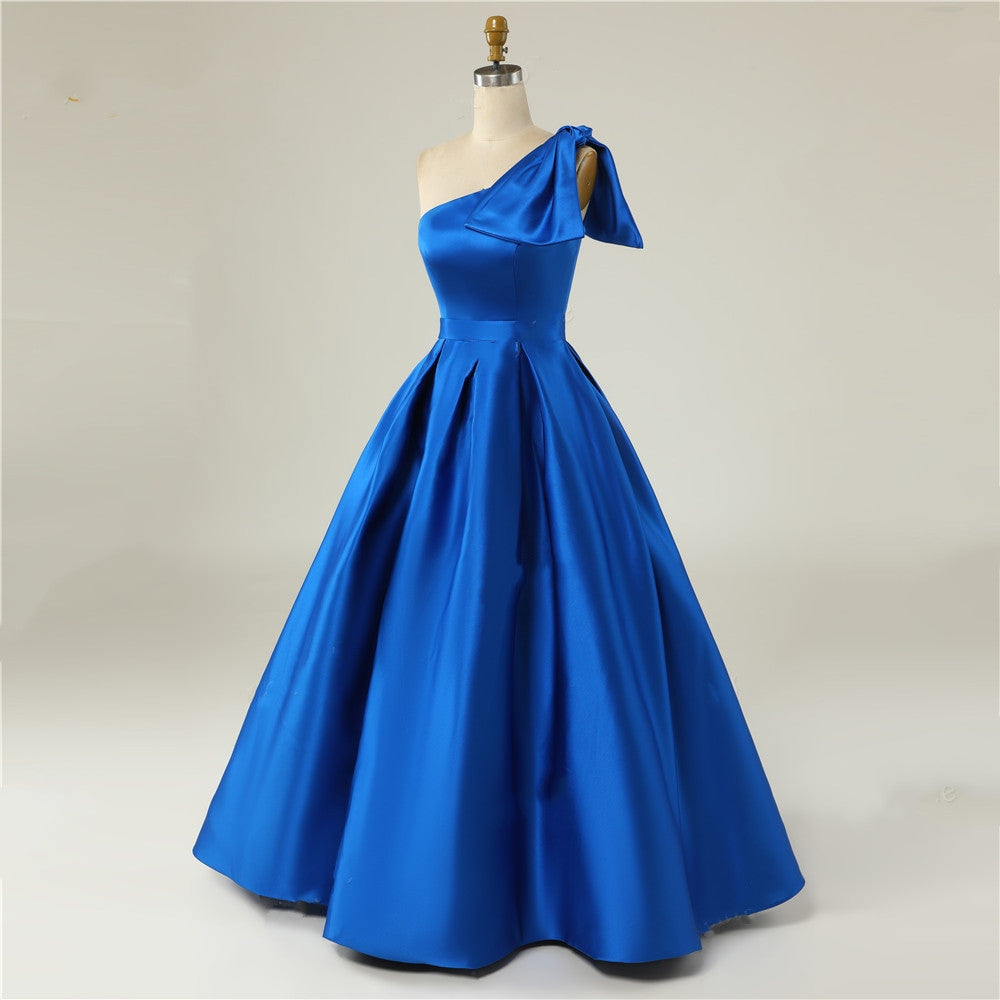 Elegant A Line One Shoulder Satin Prom Dress With Slit Sexy Evening Dresses With Bow