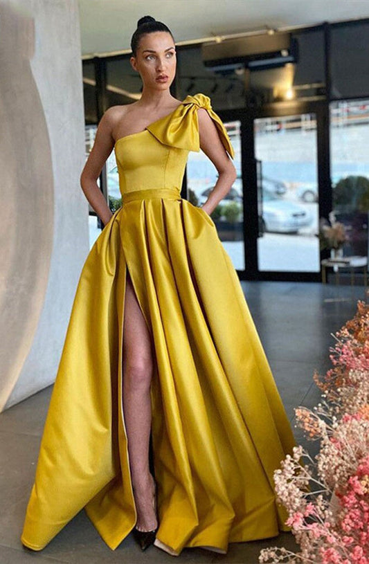 Elegant A Line One Shoulder Satin Prom Dress With Slit Sexy Evening Dresses With Bow