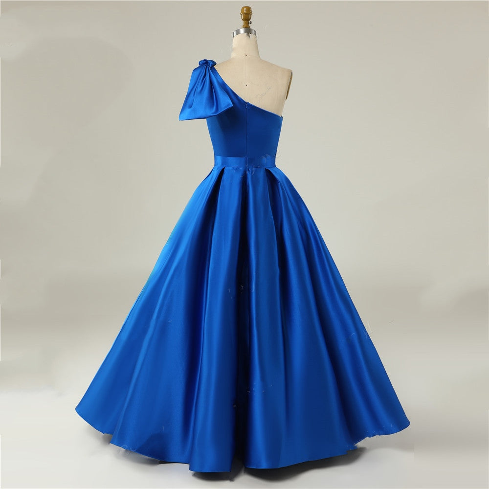 Elegant A Line One Shoulder Satin Prom Dress With Slit Sexy Evening Dresses With Bow