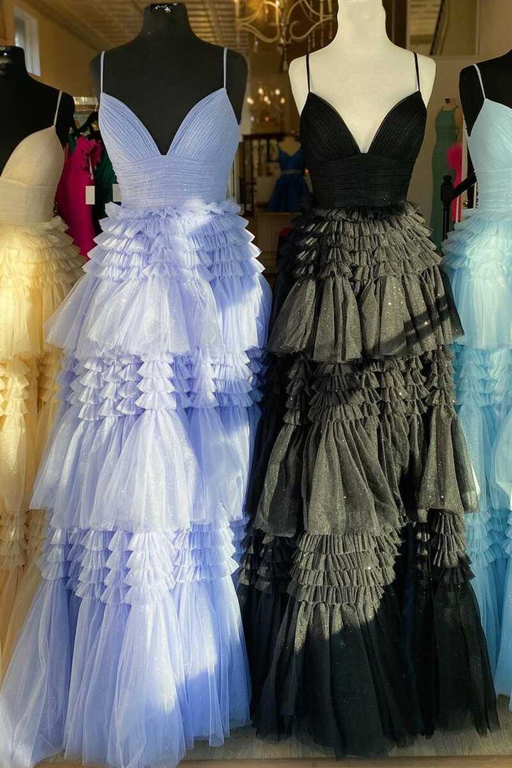 Elegant A Line Tulle Layered Deep V Neck Prom Dresses High Slit Black Evening Dresses Sexy