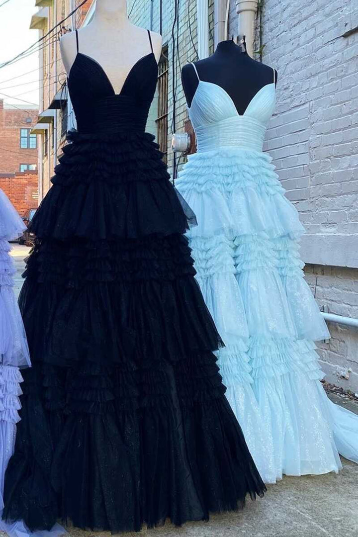 Elegant A Line Tulle Layered Deep V Neck Prom Dresses High Slit Black Evening Dresses Sexy