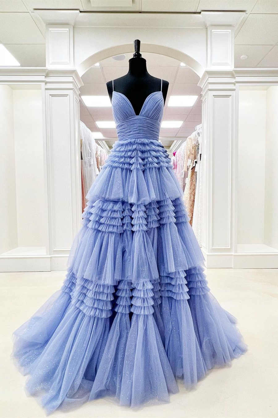 Elegant A Line Tulle Layered Deep V Neck Prom Dresses High Slit Black Evening Dresses Sexy