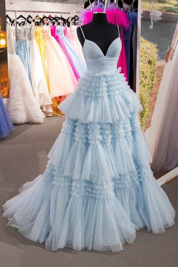 Elegant A Line Tulle Layered Deep V Neck Prom Dresses High Slit Black Evening Dresses Sexy
