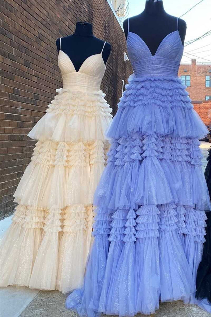 Elegant A Line Tulle Layered Deep V Neck Prom Dresses High Slit Black Evening Dresses Sexy