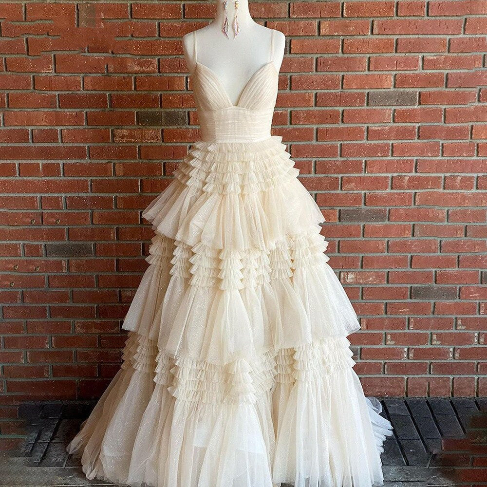 Elegant A Line Tulle Layered Deep V Neck Prom Dresses High Slit Black Evening Dresses Sexy