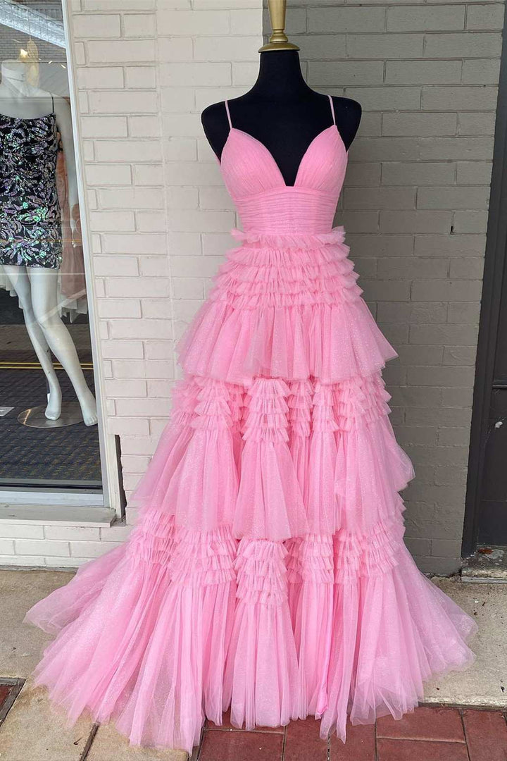 Elegant A Line Tulle Layered Deep V Neck Prom Dresses High Slit Black Evening Dresses Sexy