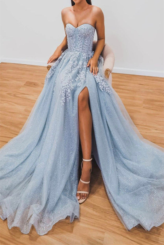 Elegant A line Light Blue Tulle Prom Dresses with Appliques Sweetheart Evening Dress Beautiful