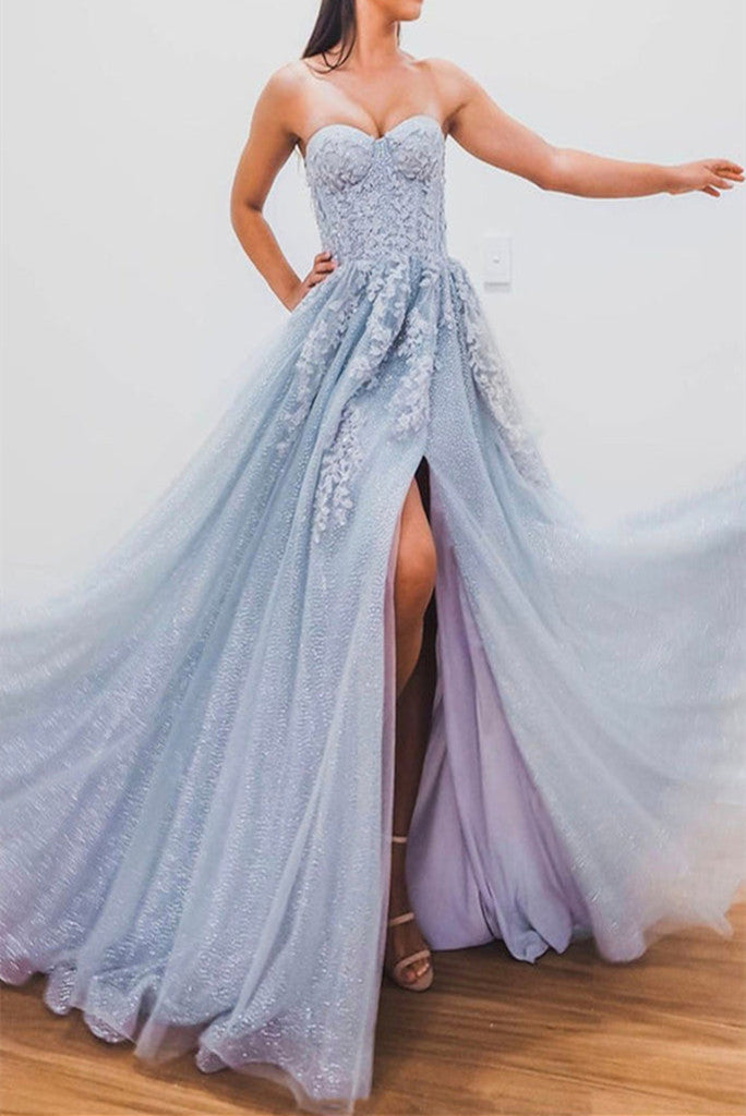 Elegant A line Light Blue Tulle Prom Dresses with Appliques Sweetheart Evening Dress Beautiful