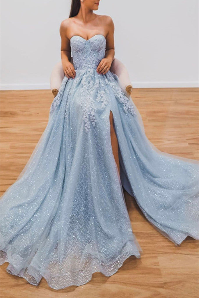 Elegant A line Light Blue Tulle Prom Dresses with Appliques Sweetheart Evening Dress Beautiful