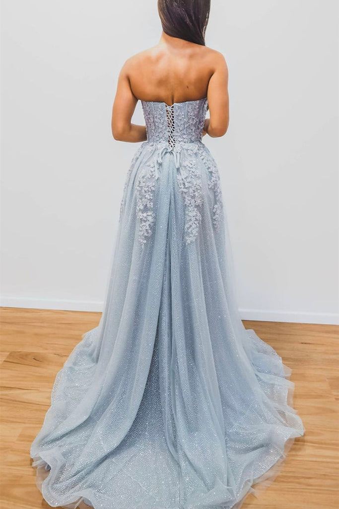 Elegant A line Light Blue Tulle Prom Dresses with Appliques Sweetheart Evening Dress Beautiful