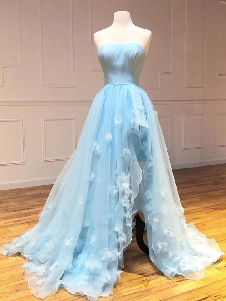 Elegant Light Blue Strapless High Low Long Prom Dresses With Slit Formal Evening Dresses With Appliques Beautiful
