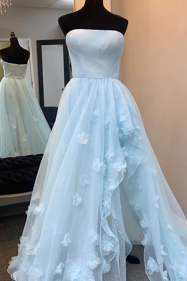 Elegant Light Blue Strapless High Low Long Prom Dresses With Slit Formal Evening Dresses With Appliques Beautiful