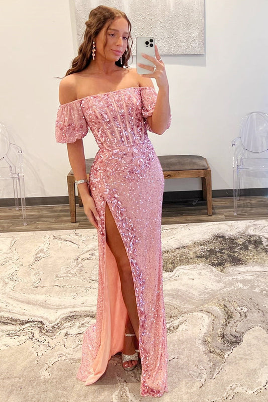 Elegant Mermaid Off-the-Shoulder Sleeves Sequins Long Prom Dresses with Slit Evening Dresses