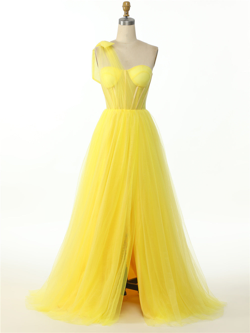 Elegant One Shoulder Sweetheart Long Pleated Tulle Boned High Split Elegant Prom Dress Sexy Evening Dresses
