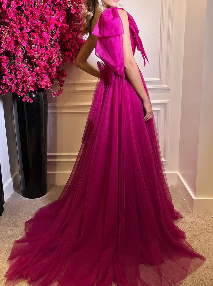 Elegant One Shoulder Sweetheart Long Pleated Tulle Boned High Split Elegant Prom Dress Sexy Evening Dresses