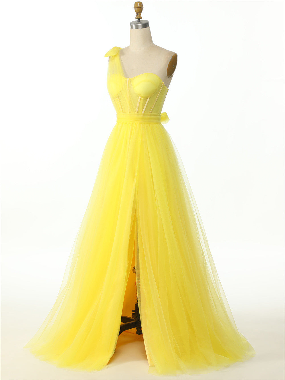 Elegant One Shoulder Sweetheart Long Pleated Tulle Boned High Split Elegant Prom Dress Sexy Evening Dresses