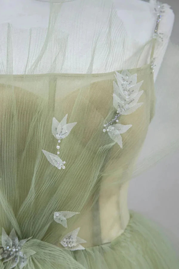 A-shaped tight fitting corset with sage green chiffon on the back long adult dress Sage Prom Dress