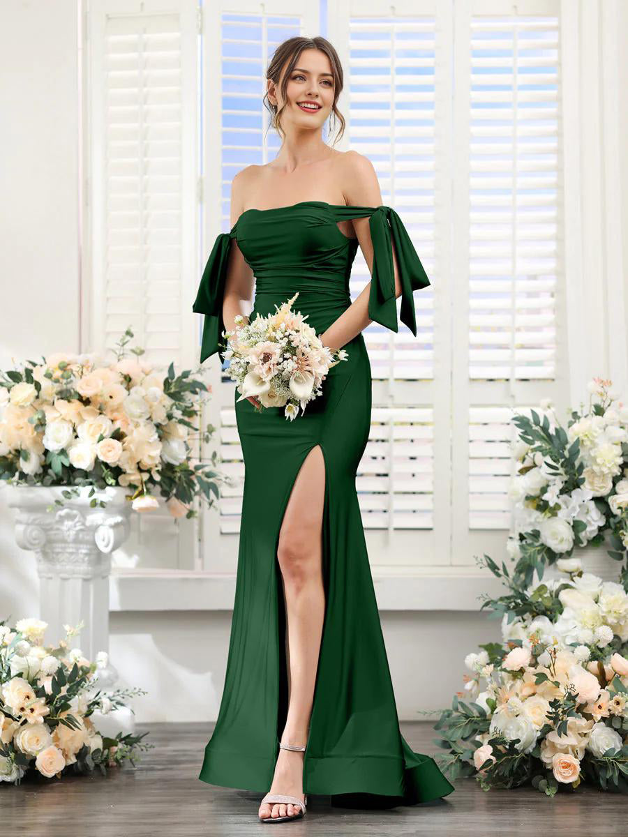 A-Line V-Neck Sleeve Bridesmaid Dress for Wedding Guest Long Chiffon Formal Party Dresses with Slit Sexy