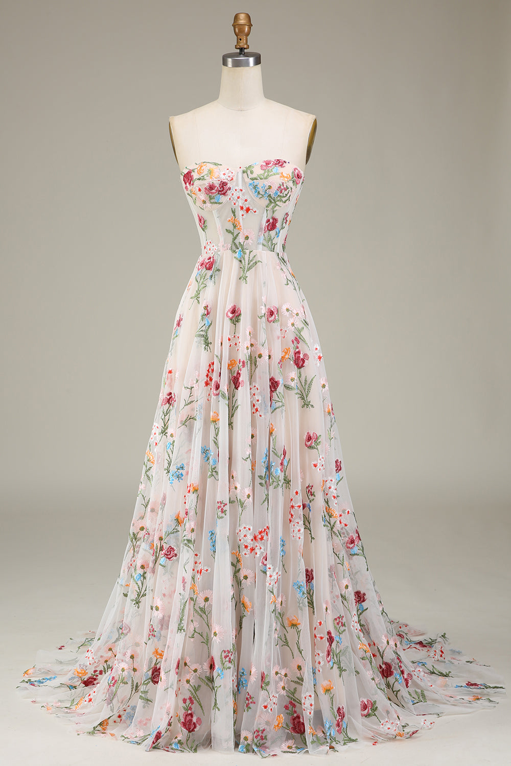 A-Line/Princess Sweetheart Strapless Floor-Length Floral Evening Dress With Embroidery Beautiful