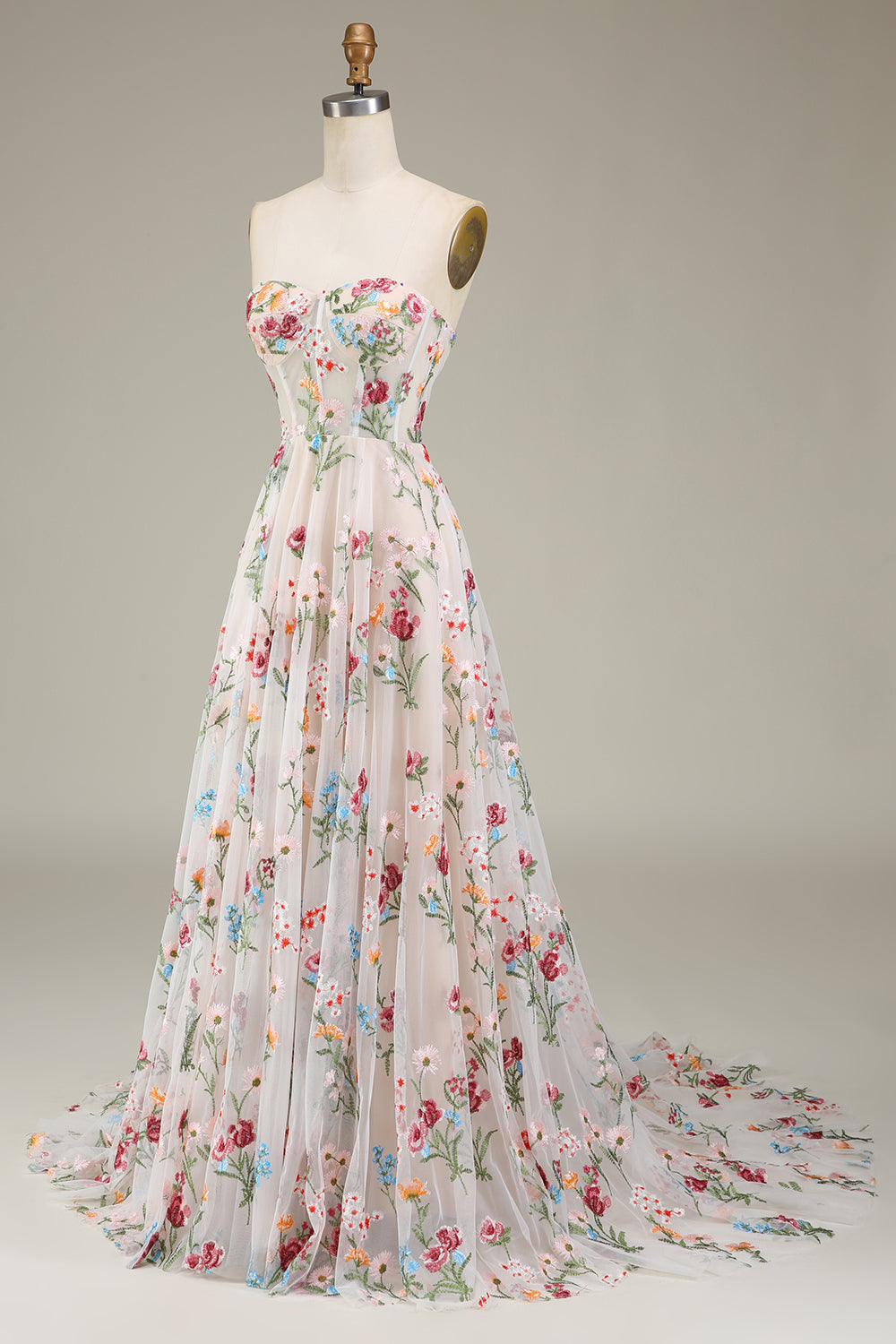 A-Line/Princess Sweetheart Strapless Floor-Length Floral Evening Dress With Embroidery Beautiful