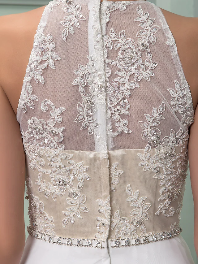 Wedding Dresses Jewel Neck Floor Length Chiffon Lace Regular Straps See-Through with Sash Ribbon