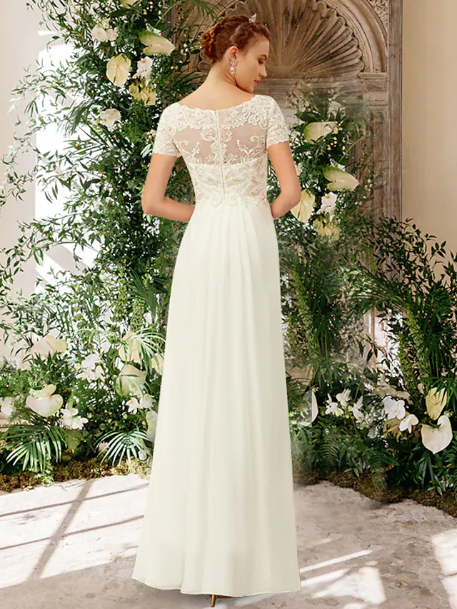 A-Line Wedding Dresses V Neck Floor Length Chiffon Lace Short Sleeve Romantic Simple with Pleats