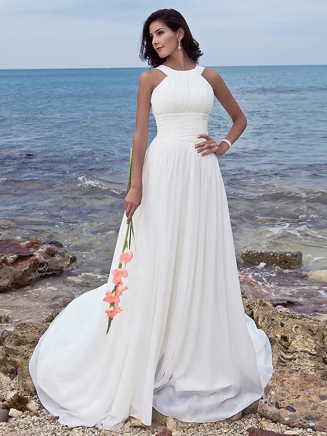 A-Line Wedding Dresses Jewel Neck Chiffon Regular Straps Formal Beach Plus Size with Ruched