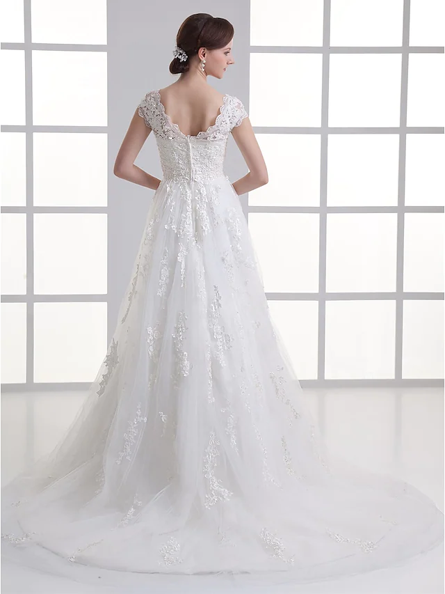 A-Line Wedding Dresses Sweetheart Neckline Court Train Lace Satin Tulle Cap Sleeve with Beading