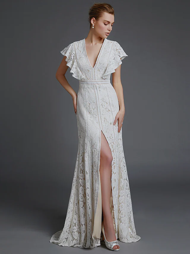 A-Line Long Wedding Dresses V Neck Lace Sleeveless Boho with Split Front