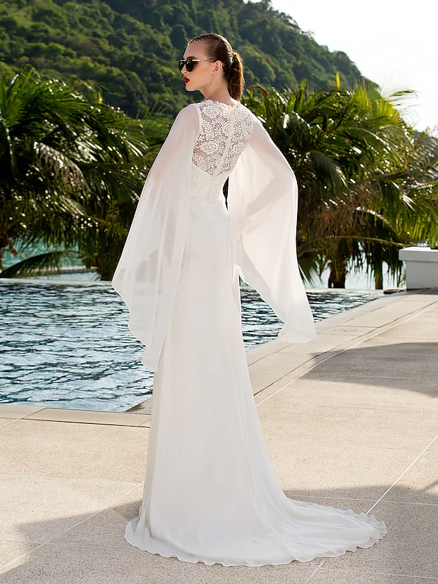 Wedding Dresses V Neck Court Train Chiffon Long Sleeve with Beading Pure Color
