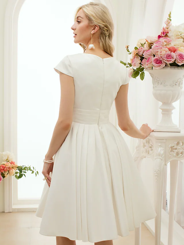 A-Line Wedding Dresses Jewel Neck Knee Length Satin Short Sleeve Formal Simple Casual Little White Dress with Sash