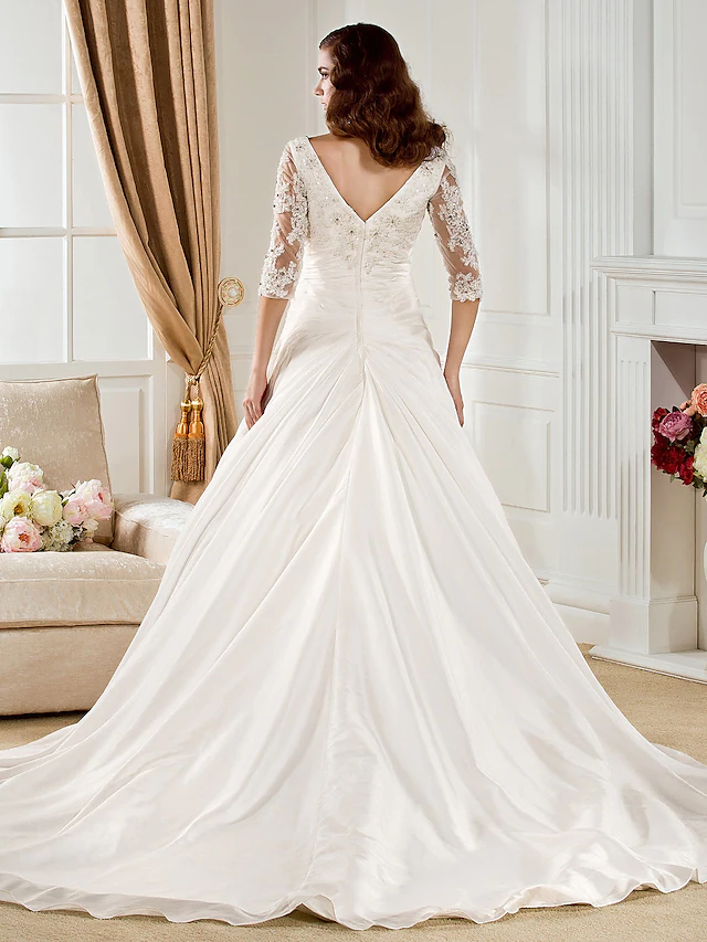 Ball Gown Wedding Dresses V Neck Chapel Train Taffeta Half Sleeve See-Through with Ruched Beading