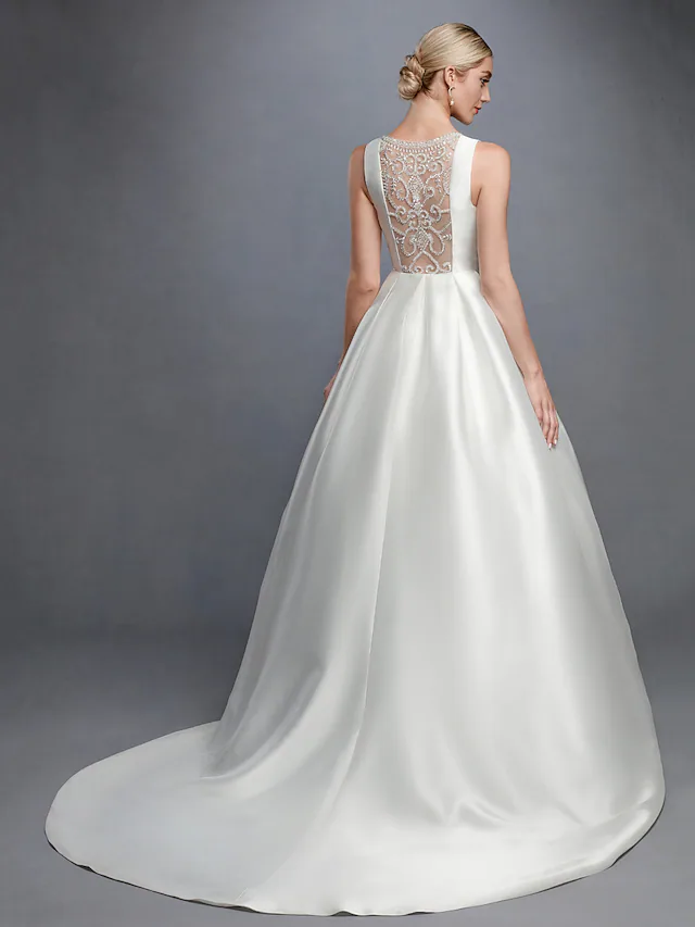 Ball Gown Wedding Dresses Bateau Neck Court Train Lace Satin Regular Straps Formal Backless with Lace Sash Ribbon