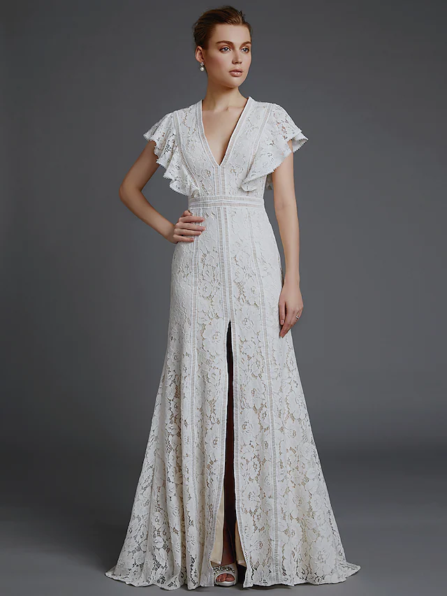 A-Line Long Wedding Dresses V Neck Lace Sleeveless Boho with Split Front