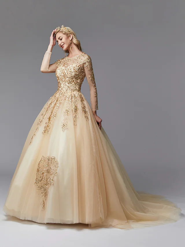 Ball Gown Wedding Dresses Jewel Neck Lace Tulle Long Sleeve Glamorous See-Through Backless Modern with Beading