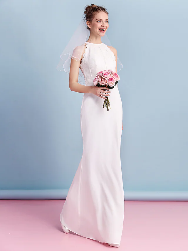 Wedding Dresses Jewel Neck Floor Length Chiffon Lace Regular Straps Floral Lace with Lace Sash