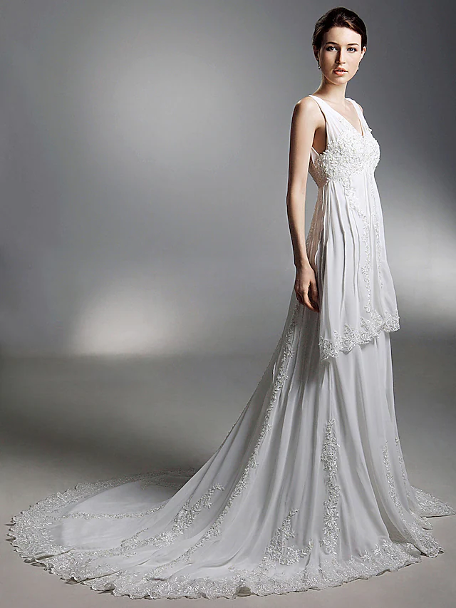 Princess A-Line Wedding Dresses V Neck Chapel Train Chiffon Sleeveless Pure Color