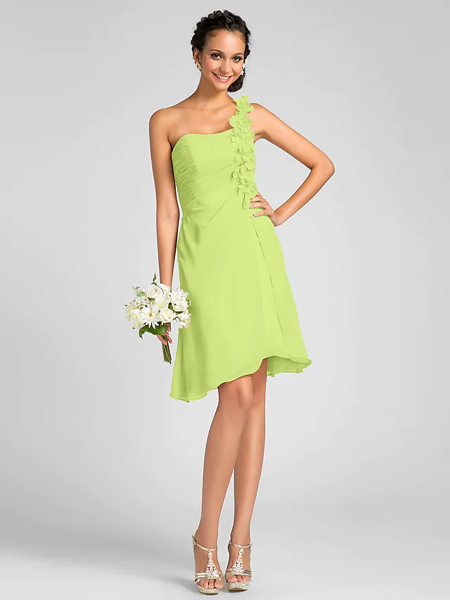 One Shoulder Knee Length Chiffon Bridesmaid Dress with Side Draping Flower Pure Color