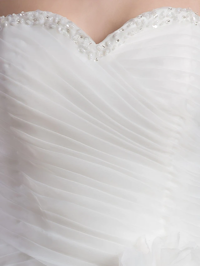 A-Line Wedding Dresses Sweetheart Neckline Court Train Organza Satin Strapless with Ruched Cascading